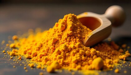 Bright Turmeric Powder with Wooden Scoop &ndash; Vibrant Spice on Dark Surface for Culinary, Wellness, and Ayurvedic Themes
