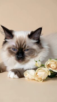 A calm Birman cat with intense blue eyes resting among delicate white roses. A soft, serene, and affectionate image that blends elegance and warmth