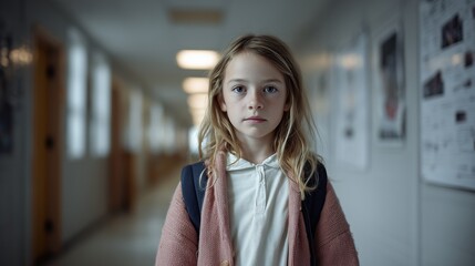 Jeune fille blonde en cardigan rose dans un couloir d'&eacute;cole moderne