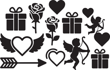 Black and white hearts roses gift boxes and cupid symbols