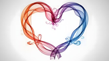 Flowing abstract ribbons form a heart shape in a beautiful gradient of warm and cool colors