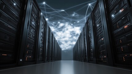 Cloud Computing Concept with Server Racks and Connected Light Lines