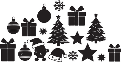 Black and white holiday including Christmas trees, gifts, snowflakes, and Santa Claus