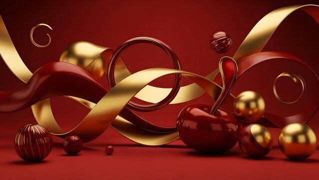 Luxurious abstract art featuring intertwining gold ribbons and red ornaments on a deep red surface