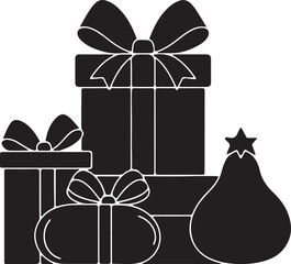 Black and white line of wrapped gifts with bows and a sack with a star line gifts wrapped presents