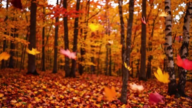 Forest Floor Accumulation A wide, steady shot of a serene temperate forest path or clearing as a continuous, gentle shower of various autumn leaves slowly