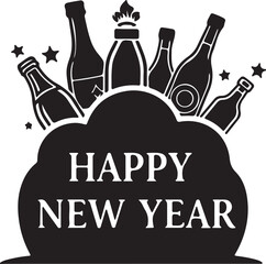 Black and white new year celebration with champagne bottles and stars