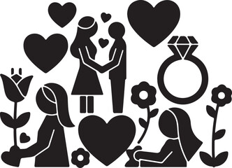 Black and white of a couple embracing with hearts flowers and a ring 1