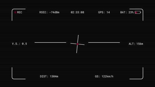 FPV Drone camera viewfinder interface overlay with flight telemetry indicators. Quadcopter OSD screen with frlicker and altitude, speed, battery, and GPS data