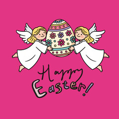 Two cherubic angels with wings are holding a large, intricately decorated Easter egg. Below them, "Happy Easter!" is written in a whimsical script. The background is a solid magenta color