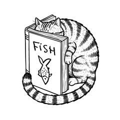 The cat sleeping in the book, striped, head stuck between the pages, tail out, paws inside, linear ink drawing, tattoo, stamp, seal