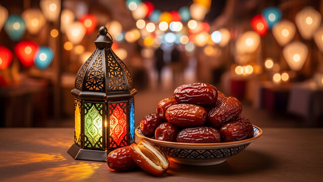 Ramadan Celebration Image with Lantern and Dates Representing Faith, Family and Friendship