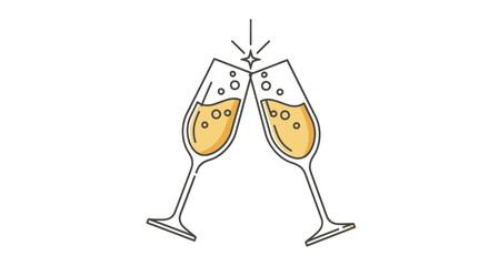 Two champagne glasses clinking with bubbles and sparkles.