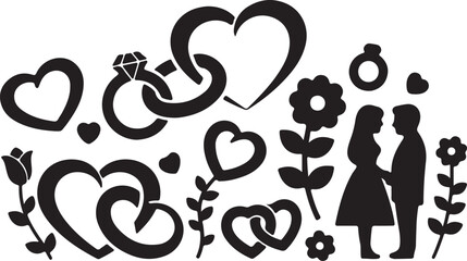 Black and white of a couple with hearts flowers and rings for wedding marriage