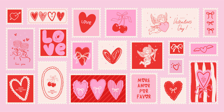 Love and Valentine's Day postage stamp Set with Doodle hand drawn Cupid, hearts, bows, glasses of champagne. Trendy whimsical cards, stickers, mail postmark. Vector illustration.