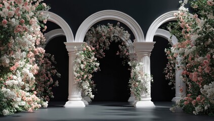 Fototapeta premium Elegant floral archway with classical columns and decorative blossoms studio lighting