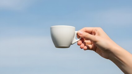 A hand holding a white mug against a clear blue sky background