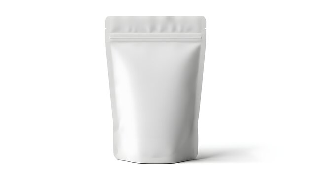 A white resealable stand up pouch with a clean and minimalist design for packaging