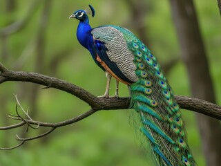 Naklejka premium A vibrant peacock perched on a tree branch in a lush green forest environment