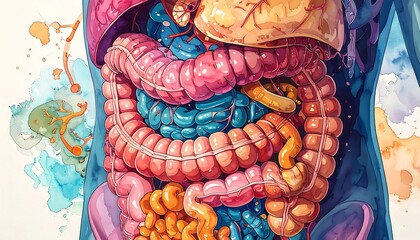 Human Digestive System Anatomy - Watercolor Illustration of Internal Organs.