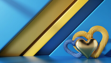 Serce walentynkowe w odcieniach żółtego i złota na niebiesko żółtym tle. Symbole dnia zakochanych.