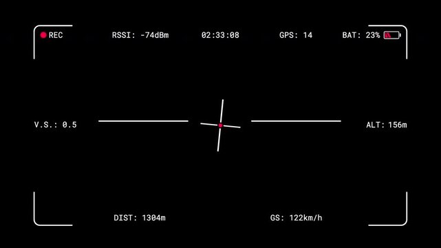 FPV Drone camera viewfinder interface overlay with flight telemetry indicators. Quadcopter OSD screen with and altitude, speed, battery, and GPS data. MOV with Transparent Background Alpha Channel
