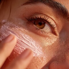 Fototapeta premium Radiant Sun Protection: Close-up view of a person applying sunscreen to the face, highlighting the importance of sun care and skin health, bathed in a warm, inviting light.