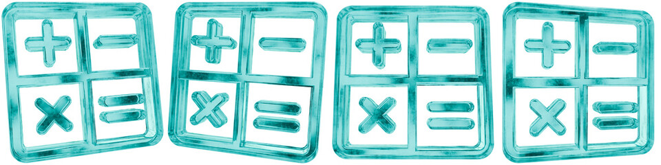 Obraz premium Set of four 3D calculate math shapes in frosted blue ice glass style, isolated on a transparent background. Glassmorphism icons and 3D elements for modern graphic design.