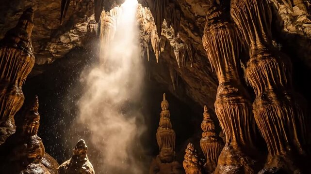 Falling Dust Cascades Close-up perspective of delicate speleo dust slowly sifting down from a jagged cave ceiling crevice, catching subtle glints of light as it