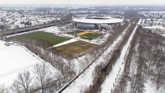 Winter day. Areal landscape, snow and BayArena, stadium Bayer 04 Leverkusen at BayArena