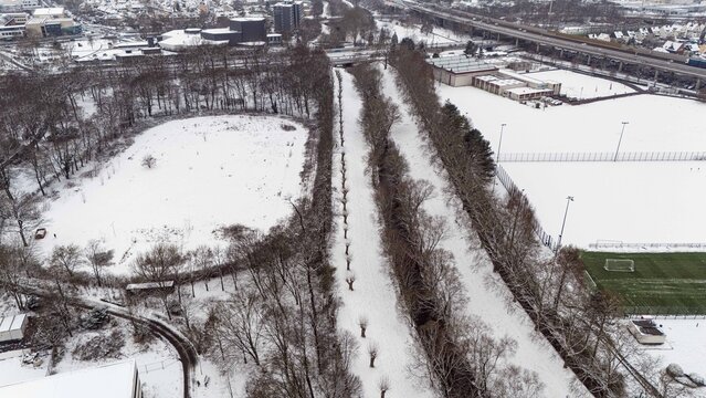 Winter day. Areal landscape, snow and BayArena, stadium Bayer 04 Leverkusen at BayArena
