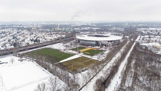 Winter day. Areal landscape, snow and BayArena, stadium Bayer 04 Leverkusen at BayArena