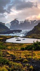 Icelandic Glacier Lagoon Scenery with Mountains and Cloudy Sky.
