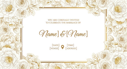 Elegant Wedding Invitation Template with Floral Border and Gold Accents.