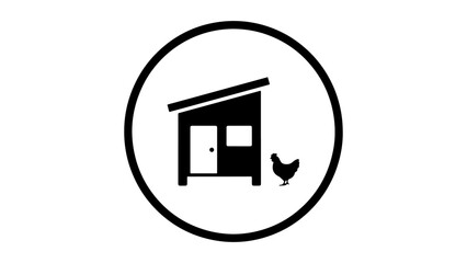 simple icon of a chicken hoop vector illustration, simple black and white icon of a chicken coop with chicken standing next to the chicken hoop in the circle
