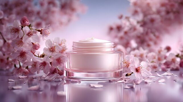 Photorealistic render of a glass cosmetic jar filled with cream, Korean beauty style. Concept: Korean skincare-cosmetics, premium beauty product presentation, skincare purity, product listing branding