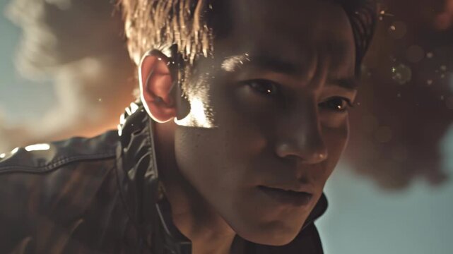 Action hero walking away from exploding car in cinematic action blockbuster scene. Confident man