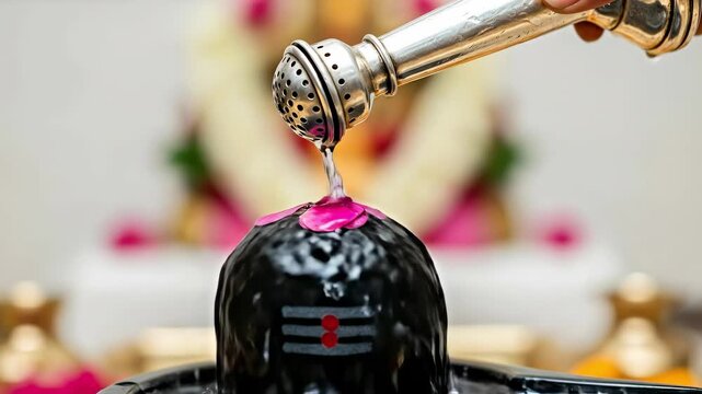 Ritualistic Offering to Hindu Shiva Lingam: A Close-Up of Water Being Poured with a Silver Spout in an Ornate Temple Setting