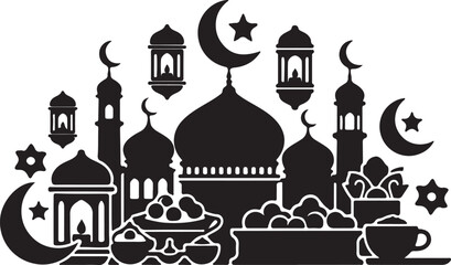 Obraz premium Black and white of mosque with crescents stars lanterns and food dishes 1
