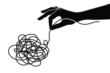 Human hand untangling complex tangled messy knot of thread vector illustration representing concept of problem solving finding solution