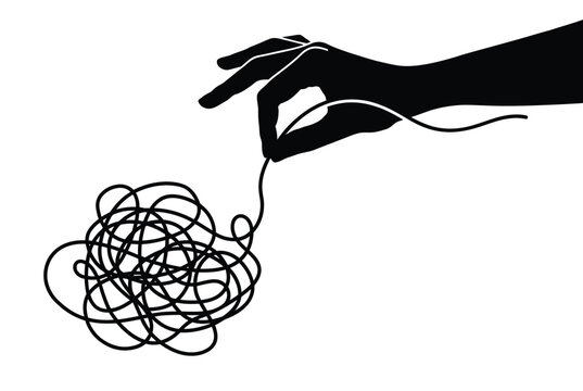 Human hand untangling complex tangled messy knot of thread vector illustration representing concept of problem solving finding solution