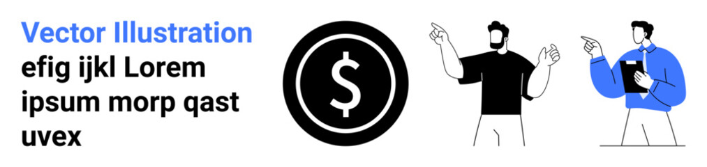 Obraz premium Finance, business strategy, investments, teamwork, economic analysis, presentation tools. Dollar sign in circle with figures pointing and holding documents. Finance and business strategy concept