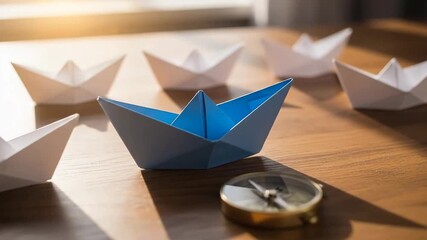 Conceptual image featuring a blue paper boat leading white boats, symbolizing leadership and direction. - Powered by Adobe
