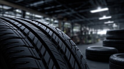 Close up view emphasizes the tread pattern of a dark rubber automotive wheel component inside a large maintenance facility