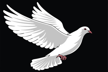 Obraz premium white dove in flight, wings spread, black background, high contrast, detailed feathers, graceful pose, symbol of peace, majestic bird, side view, red leg band, ethereal lighting, photorealistic, 4K