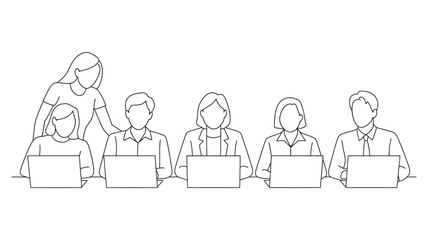 A professional team collaborating on laptops while a manager provides guidance and support