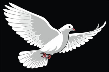 Fototapeta premium white dove in flight, wings spread, black background, high contrast, detailed feathers, graceful pose, symbol of peace, majestic bird, side view, red leg band, ethereal lighting, photorealistic, 4K