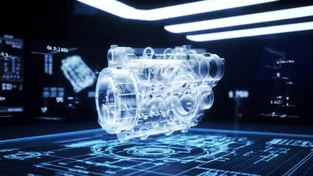 A holographic blueprint of a car engine, rendered in a futuristic, high-tech style with glowing blue lines and intricate details, set against a dark background with abstract data visualizations, cin