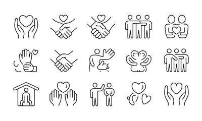 Minimalist charity line icons collection for volunteer projects social service and community welfare