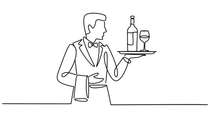Professional waiter serving fine wine in a restaurant setting, elegant continuous line drawing illustration